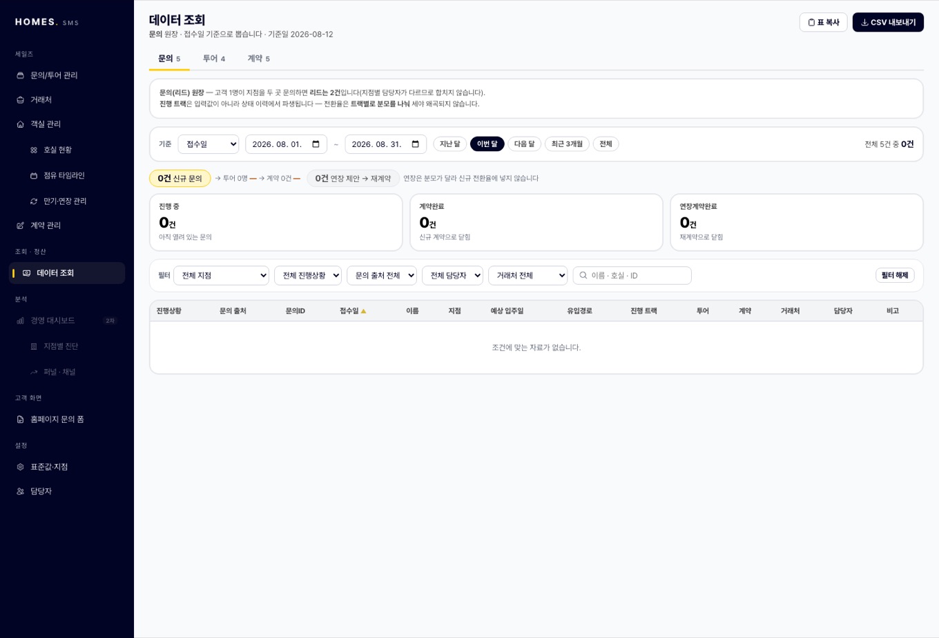 데이터 조회 — 문의·투어·계약 3탭. 원장이 다르므로 표를 섞지 않고, 관계는 문의ID·계약 열로만 잇습니다